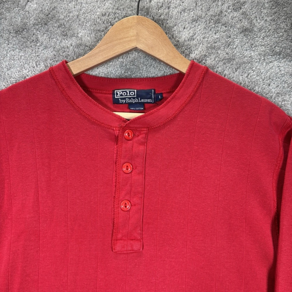 Vintage Polo Ralph Lauren Henley Shirt Mens L Red Ribbed Knit Thermal 90s
